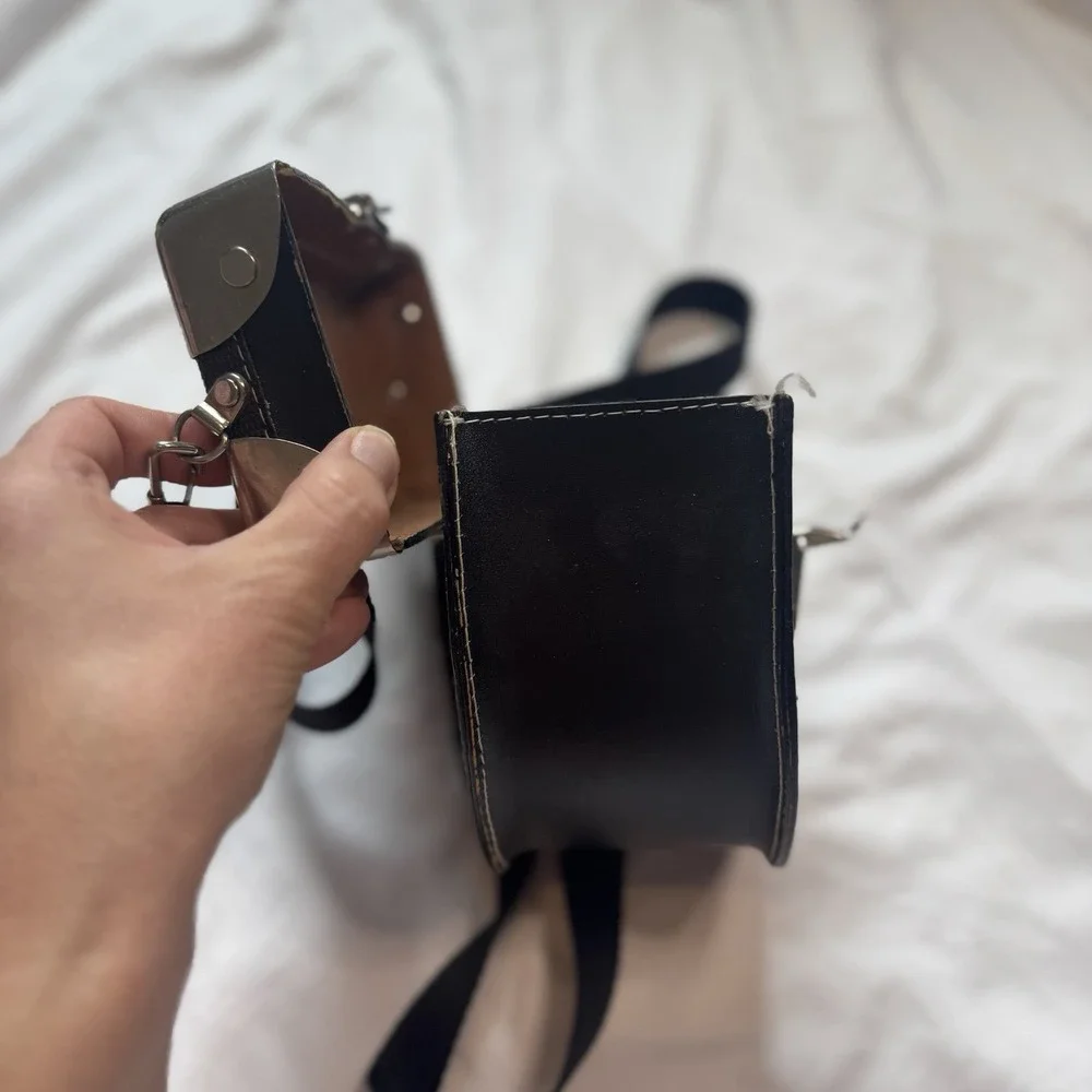 US TWO Black Leather Hard Camera Case/Alternative purse, With Strap USA